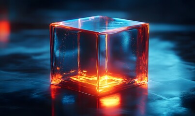Aufkleber - Glowing Ice Cube on a Reflective Surface with Blue and Orange Light Effect