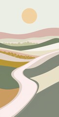 Poster - Winding gently through layered hills of green, gold, and pink, a light-colored road meanders beneath a soft sun, creating a serene and tranquil pastel landscape