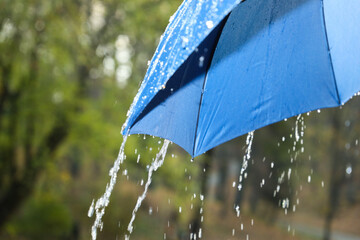 Wall Mural - Open blue umbrella under pouring rain outdoors, closeup