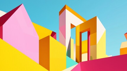 Poster - Vibrant geometric shapes in yellow, pink, and orange creating an abstract cityscape against a clear blue sky, offering a striking modern architectural vision