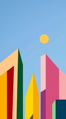 Poster - Minimalist illustration featuring colorful geometric buildings against a clear blue sky with a bright sun, evoking a sense of modern urban landscape