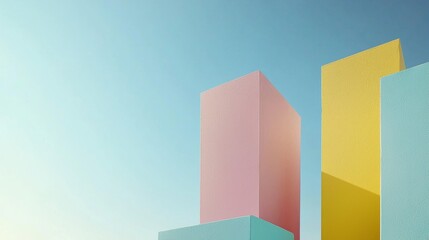 Poster - Rising against a clear blue sky, vibrant pink, yellow, and teal rectangular structures create a striking minimalist architectural composition, showcasing contemporary design and color