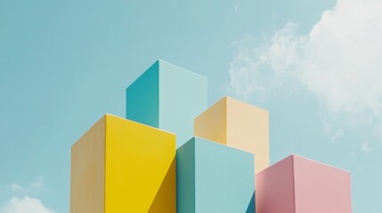 Poster - Rising geometric pastel-colored cubes against a vibrant blue sky create a playful, modern architectural scene, exuding whimsy and inviting imaginative exploration