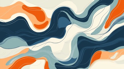 Fototapete - Modern abstract background showcasing a dynamic composition of wavy shapes and lines in a harmonious blend of orange, blue, and beige hues, creating a visually captivating and artistic design
