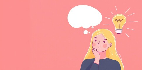 Poster - Thoughtful girl with a light bulb having a good idea, thinking and getting inspiration, problem solving, business solution and insight concept