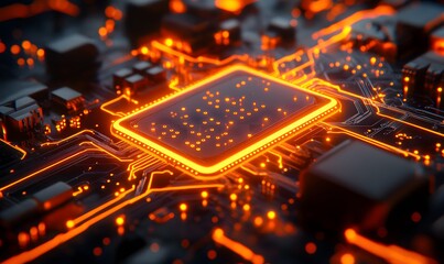 Poster - A high detailed close-up of a glowing orange circuit board with intricate pathways and components