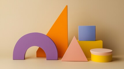 Poster - Geometric shapes of different colors and sizes are creating a visually appealing abstract composition on a beige background, offering a modern and minimalist aesthetic