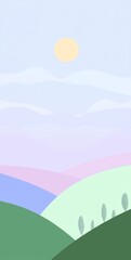 Poster - Minimalist pastel-colored landscape featuring rolling hills, stylized trees, a soft sun, and a serene sky, creating a tranquil and dreamy atmosphere