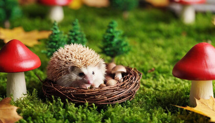 Sticker - Design a diorama of a hedgehog snuggled into a cozy nest of leaves, with mushrooms and small plants dotting the forest floor.