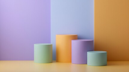 Poster - Four colorful cylinders in varying heights and pastel hues create a modern, minimalist display against soft, contrasting panels, perfect for product placement