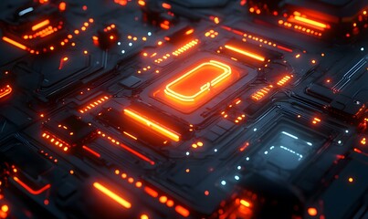 Poster - Detailed close up of a motherboard with glowing orange and white components  with dark base