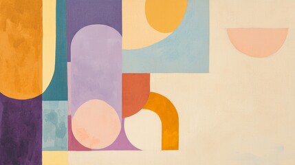 Poster - Modern abstract painting featuring geometric shapes like circles, semi-circles, and rectangles, forming a visually appealing composition with a soft, harmonious color palette