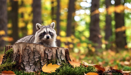 Poster - Build a 3d diorama showcasing a curious raccoon peeking out from a hollow tree stump, surrounded by scattered autumn foliage.