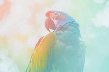 Poster - Gentle pastel colors enhancing the beauty of a macaw parrot resting on a branch, showcasing its vibrant plumage in a lush, natural environment filled with tranquility