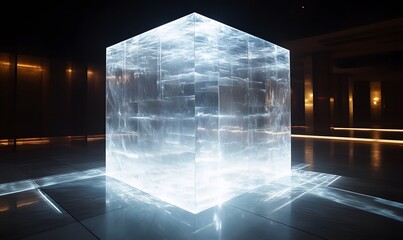 Poster - Illuminated Ice Cube Structure on Tiled Floor with Modern Building Background