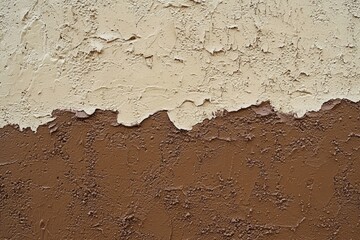 Poster - Close-up of a textured wall showcasing two-tone plaster layers. The upper section features a light beige color, while the lower section displays a rich brown hue, highlighting contrast