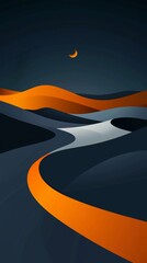 Poster - Winding orange road meandering through dark blue hills at night, illuminated by a delicate crescent moon, creates a tranquil and minimalist landscape filled with serenity