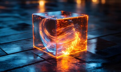 Poster - Glowing Cube with Internal Energy Swirl on Dark Textured Surface Reflecting Light