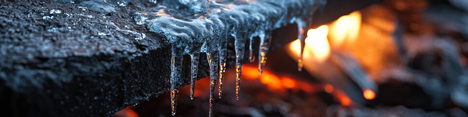 Wall Mural - Ice Formations on Dark Surface with Fire Background