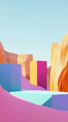 Poster - Vibrant geometric shapes creating an otherworldly landscape under a clear sky, forming a surreal and artistic composition that captivates the imagination with bold colors and modern design