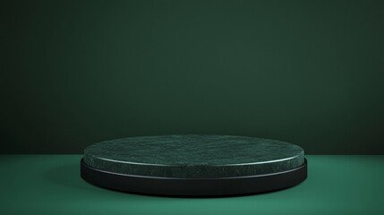 Poster - Empty round green marble podium on a black base is standing on a green background, creating a luxurious and elegant setting for displaying products