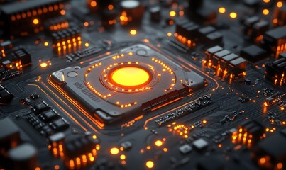 Poster - A detailed close-up view of an illuminated computer circuit board with glowing components