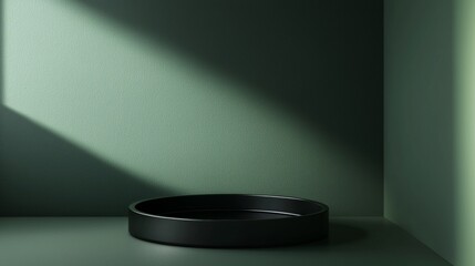 Poster - Minimalistic black round podium sitting in a sunlit green room corner, featuring textured walls, creating an elegant backdrop perfect for product showcasing and presentation