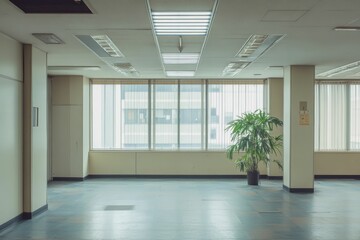 Poster - Empty office space, serene, plant, large windows.