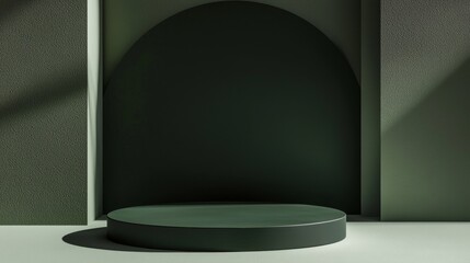 Poster - Empty green round podium sitting in a minimal studio, with sunlight and shadow playing across the surface, creating an elegant backdrop perfect for product displaying