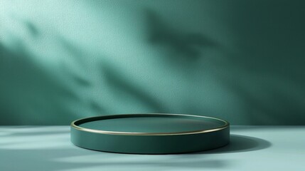 Poster - Empty round podium with gold edges for product presentation on turquoise background with leaf shadows creating a modern and elegant backdrop for showcasing products