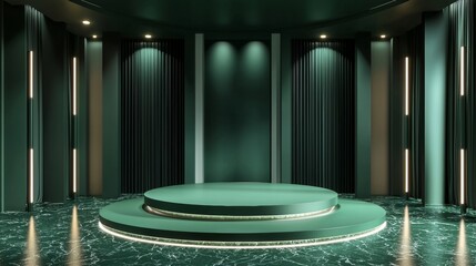 Poster - Round empty podium illuminating green stage with marble floor and elegant curtains for award ceremony presentation, product placement, or advertising backdrop