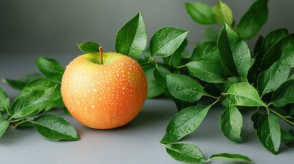 Wall Mural - Close-Up of a Fresh Green Apple Next to Lush Green Leaves on a Gray Background