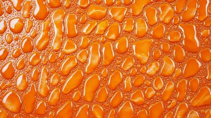 Poster - Numerous water droplets forming a captivating pattern on a vibrant orange surface highlight the dynamic interplay of light, texture, and liquid, creating an abstract visual delight