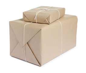 Wall Mural - Parcels wrapped in kraft paper isolated on white