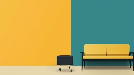 Poster - Minimalist interior design featuring a yellow sofa, a black coffee table, and a vibrant two-tone wall in yellow and teal, creating a stylish and modern living space