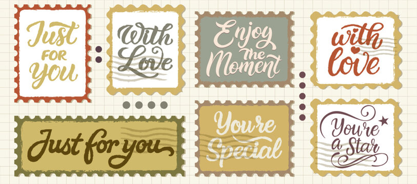 Postage retro stamps postcards wishes. Vector illustrations
