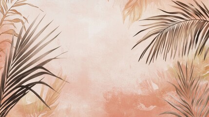 Poster - Tropical palm leaves resting on a watercolor background evoke a serene summer vibe, capturing the essence of a beach getaway or lush oasis with natural elegance