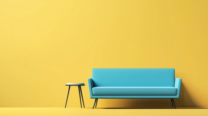 Poster - Minimalist yellow room featuring a modern blue sofa and a small round table, illustrating a stylish interior design concept with ample copy space for creative use