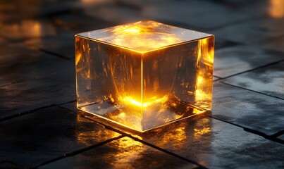Poster - Glowing golden transparent cube rests on dark tiled surface with intense light