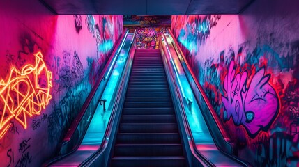 Poster - Vibrant subway station with graffiti walls and colorful neon lights leading to escalator