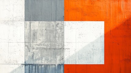 Poster - Bold hues of orange, grey, and white converge in a striking display of abstract architecture, transforming a concrete surface into a captivating work of art that challenges perception