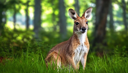 Poster - Create a layered image of a kangaroo peering curiously through the foliage in a whimsical forest.