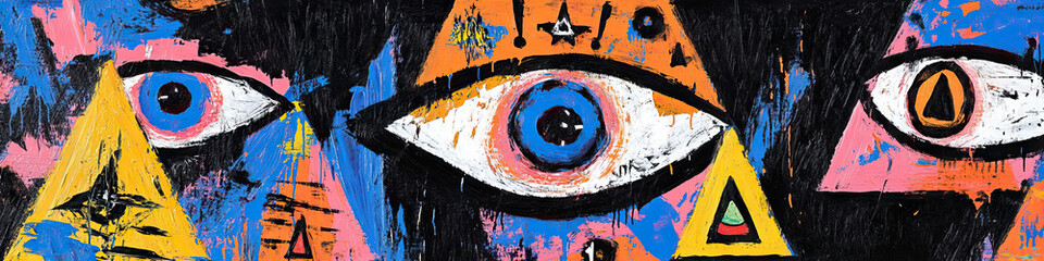 Poster - Abstract Painting of Three Stylized Eyes within Triangles
