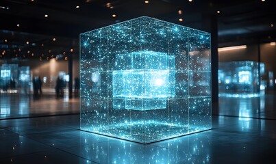 Poster - Gleaming Cubic Structures in a Modern Hallway with a Futuristic Aesthetic