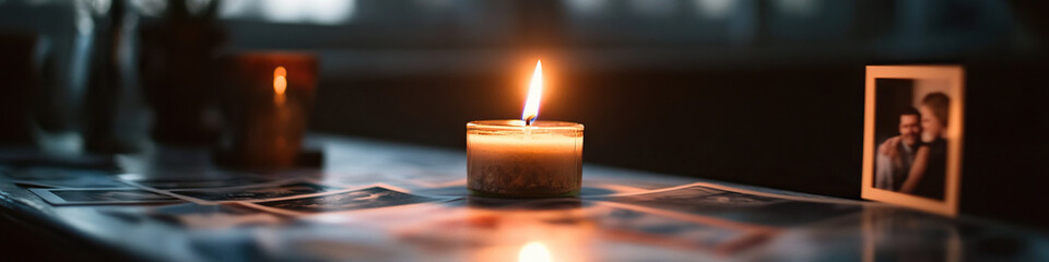 Wall Mural - Lit Candle on Table with Photographs and Framed Photo