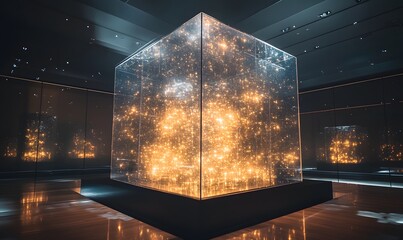 Poster - A luminous, transparent cube filled with bright, golden lights stands in a dark room with reflective floor