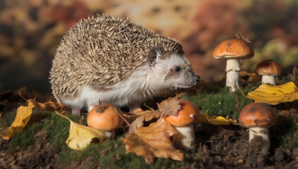 Sticker - Create a scene of a curious hedgehog investigating a patch of speckled mushrooms nestled among autumn leaves.