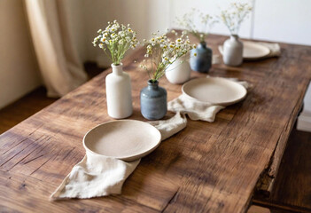 Wall Mural - Country-Chic Brunch: A casual setting with beige linen runners over a weathered wooden table, accented by handmade pottery plates, woven placemats, and small vases of daisies and baby's breath, with b