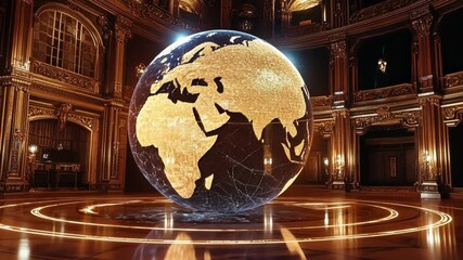 Fototapete - Large, glowing earth globe hologram, adorned with intricate network connections, illuminates the opulent interior of a grand hall, symbolizing global communication and interconnectedness