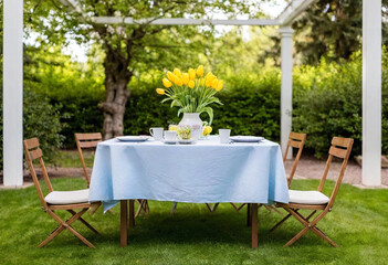 Intimate Garden Setting: A small round table set under an arbor with pastel blue and yellow linens, mismatched vintage china, and a bouquet of wild tulips in a rustic basket. Candlesticks with drippin